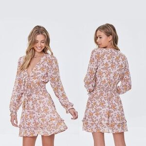 Forever 21 Women's Floral Print Peasant Sleeve Skater Mini Dress Fairy Babydoll